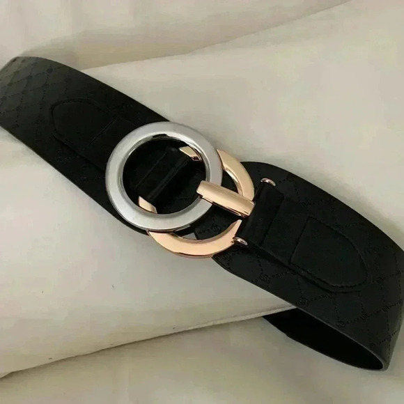 stretchy black waist belt metallic buckle vegan leather - Picture 1 of 8